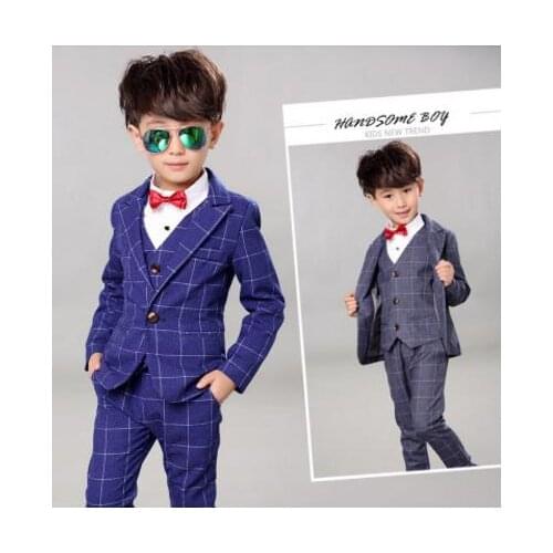 Fashion Formal Boys Suits wedding suits for boys Cotton Plaid children Clothing Blazer+Vest+Pants Sets childrens costume