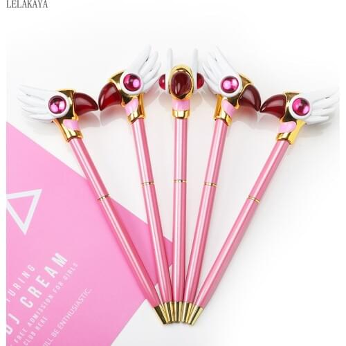 Cartoon Anime Action Figure Printed Creative Metal Pink Card Captor Sakura Birds Head Magic Wand Students Lovely Stationery Pens