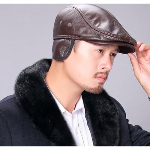 Elderly Winter Warm Hat Men Genuine Leather Peaked Casquette Male Ear Protection Casual Black/Brown Trucker Beret Forward Cap