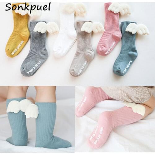 2021 Baby Girls Knee High Socks Angel wing Summer Autumn Cotton Socks Solid Candy Color Kids Toddler Short Socks For Children
