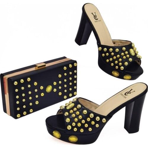 2021 New Arrival Fashion Special Style Black Color Ladies Shoes and Bag Set Decorated With Metal Fish Bone for Party