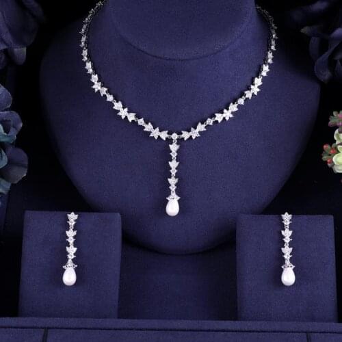 New design luxury pearl crystal zircon water drop shape necklace pendant Set for women,high quality party/jewelry wedding