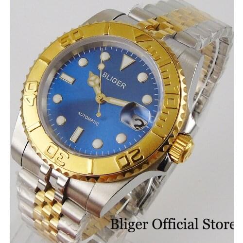 BLIGER Luxury Blue Dial 40mm Automatic Men Wristwatch NH35 MIYOTA 8215 Movement Gold Coated Bezel