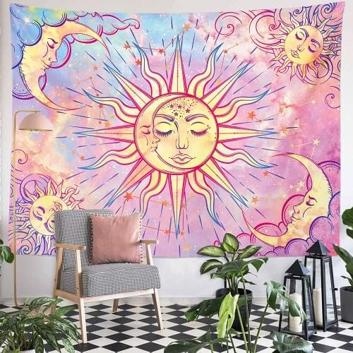 Pink Tapestry Sun and Moon with Stars Tapestry Psychedelic Hippy Wall Hanging Party Bedroom Living Room Dorm Home Decor Tapiz