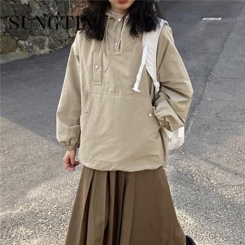 Sungtin Casual Solid Drawstring Winter Jackets Women Wram Padded Coat Hoodies Chic Safari Black Oversized Parkas Korean Chic