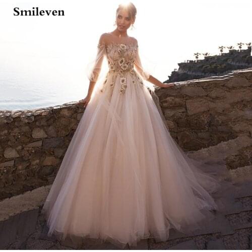 Smileven Puff Tulle Wedding Dresses Open Back Robe De Mariee Boho Lace Bridal Dresses With 3D Flowers Wedding Dress For Girls