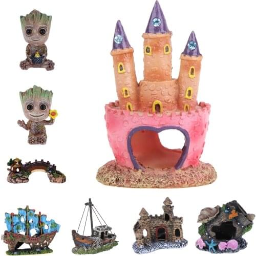 Resin Aquarium Decor Mini Tree Man Model Boat House Bridge Driftwood Landscaping For Fish Tank Resin Ornament Landscaping Decor