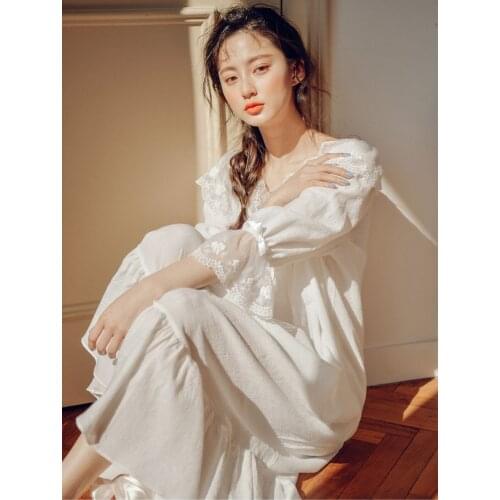 Women Lovely Princess Palace Cotton Lace Nightgown Sweet Beautiful Nightdress Homewear White Sleeping Dress Dropshipping