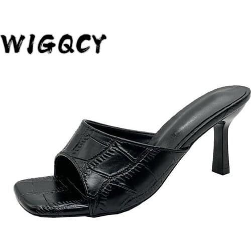 Summer Open Toe High Heels Celebrity Wearing Simple Style Square Woman Heels Women Slippers Patent Leather Slip-On Party Shoes