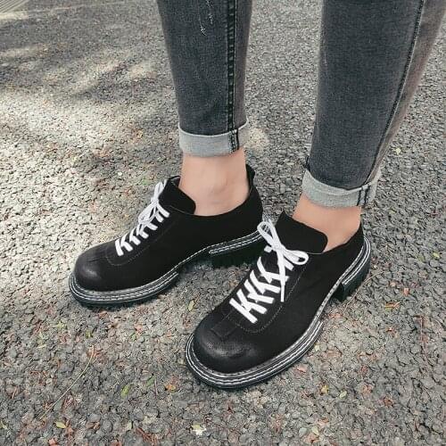 New Genuine Leather Women Shoes Spring/Autumn Lace-Up Platform Shoes Round Toe Thick Heel Deep Mouth Flats Handmade Size 34-42