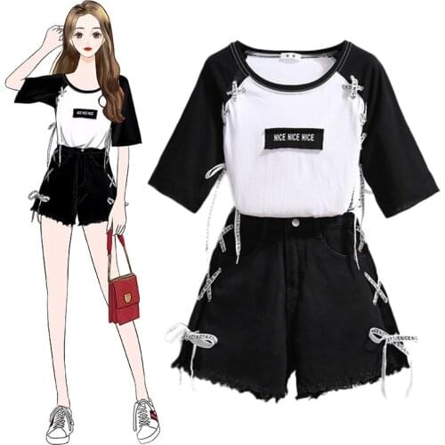High Street Fashion Lace Up Tshirt With Bandage Denim Short Two Pieces Set Women Casual Tee Distressed Edge Jean Pants Outfits