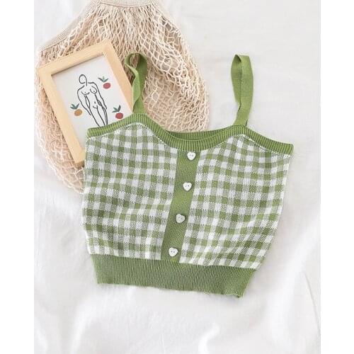 Plaid Buttons Spaghetti Camis Club Sexy Knitting Camisoles Female Tank Tops Ladies Sleeveless Solid Simple Tops Women y2k tops