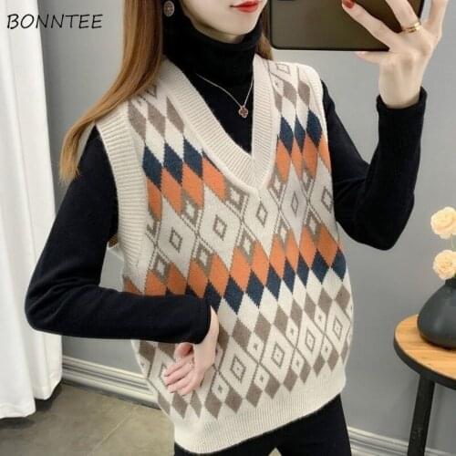Sweaters Women Patchwork Cozy All-match Autumn Leisure V-Neck Sleeveless Retro Comfortable Knitting Korean Version Vest Feminine