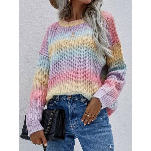 Women Sweaters Spring Autumn Sweet Rainbow Color Knitted Sweaters Long Sleeve O-Neck Pullover Cardigan Tops Loose Outerwear