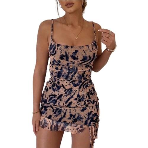 Womens Ink Painting Dress Sexy Sleeveless Low Cut Mesh Split Straps Bodycon Hip Dress for Cocktail Party Bars Night Clubs