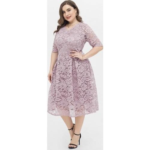 Plus Size Lace Pink Women Dresses Summer 2021 4XL Light Fresh Sweet Big Skirt Half Sleeve A Line Zipper Stitching Women Clothes