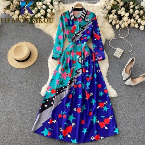 High Waist Maxi Dress Women 2021 New Lapel Long Sleeve Fashion Print Dresses Ladies Loose Casual Autumn Party Dress Female