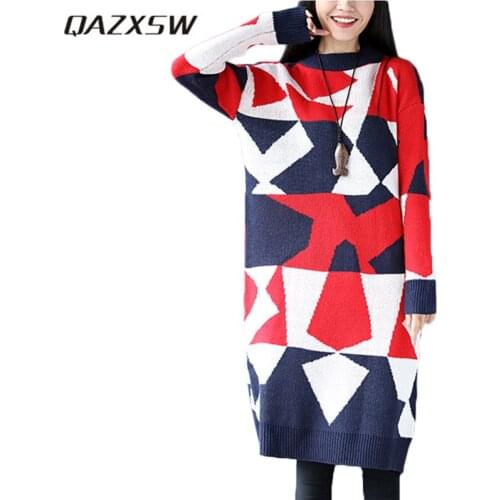 QAZXSW 2019 Autumn Winter Knitted Dress Women Plus Size Woolen Dress O-Neck Sweater Dress Printing Pullover Vestido Casual HB509