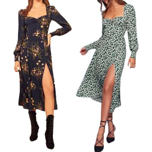 2021 Fashion Women Floral Print Vintage Elegant Midi Dress Long Sleeve Square Collar Slim Split Dress Spring Autumn Casual Dress