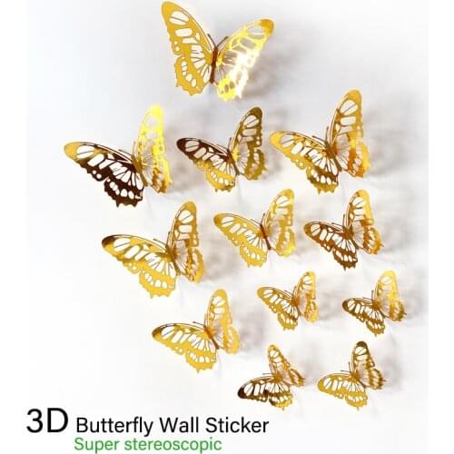 12Pcs 3D Wall Stickers Hollow Rose gold/Golden/Silver Butterfly Wall Stickers DIY Art Home Decor Kids Wall Decals Wedding Decora