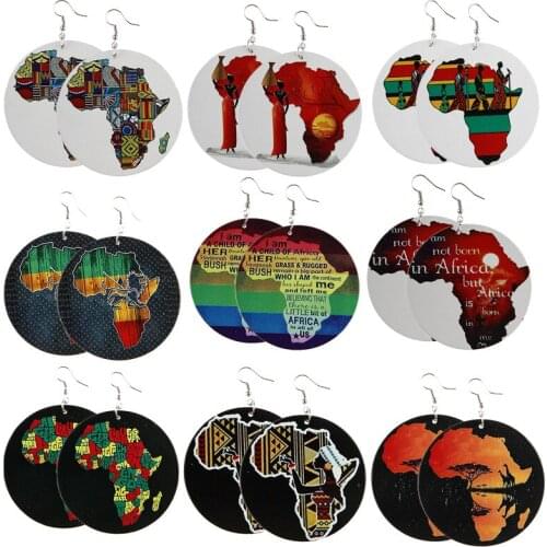 2021 Wholesale New Fashion Africa Map Drop Earrings Big Wooden Earrings for Ladies Ethnic Style Harajuku Gothic Dangle Earrings