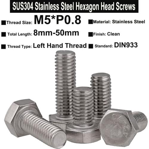 5Pcs M5 SUS304 Stainless Steel External Hexagon Head Bolt Screw Left Hand Thread DIN933 Thread Length 10mm~40mm