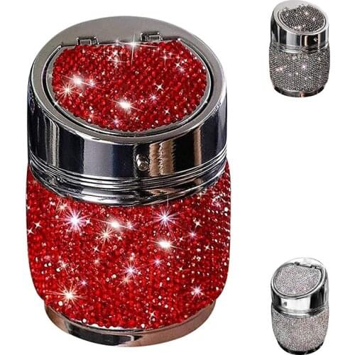 Auto Car Ashtray, Smokeless Stainless Portable Bling Crystal Cylinder Cup Holder with Lid for Car Truck SUV Office