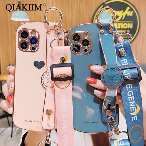 Shoulder Strap Wristband Holder Case for iPhone 12 11 Pro XR XS Max X 7 8 Plus Electroplated Love Heart Protective Phone Cover