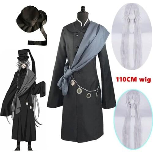 Black Butler Kuroshitsuji Undertaker Cosplay Costume Halloween Party Costumes Custom Made Full Set Hat Chain and wig sets