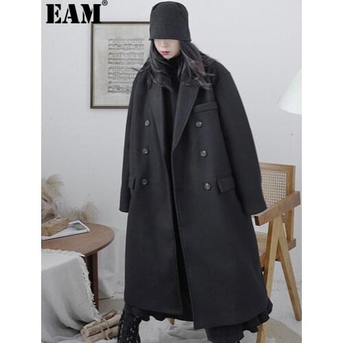 [EAM] Black Vintage Double Breasted Big Size Long Woolen Coat Parkas New Long Sleeve Women Fashion Autumn Winter 2021 1DD0332