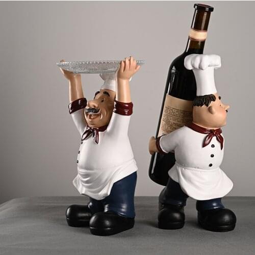Country Retro Chef Sculpture Articles Resin Crafts Chef Statue Figurines Wine Rack Serving Tray Home Kitchen Restaurant Decor