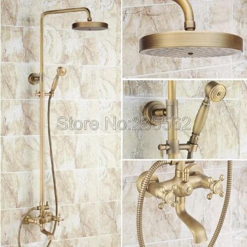 Classic Bathroom Rainfall Shower Faucet Set Mixer Tap With Hand Sprayer Wall Mounted Antique Brass Bathtub Faucets lrs127