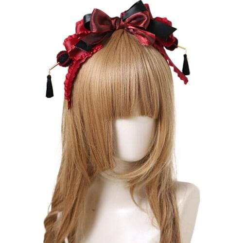Lolita KC Original Handmade Teen Girl Hair Accessories Japanese Black Red Contrast Bowknot Tassel Hairpin Women Headdress
