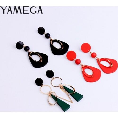 YAMEGA Korean Style Fashion Red Wood Drop Earrings for Women Brincos Gold Dangle Earring Retro Geometric Jewelry Statement Gifts