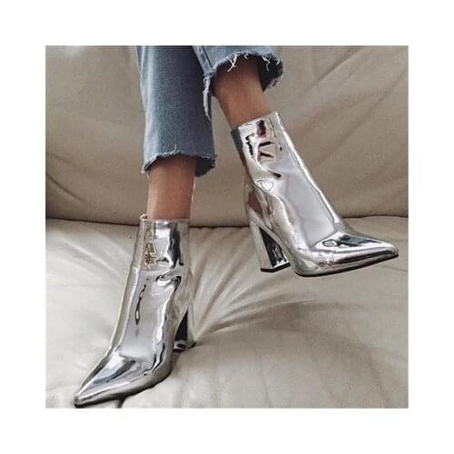 Fashion Gold Silver Patent Leather Women Ankle Boots Pointed Toe High Heel Boots Sexy Stiletto Women Pumps Chelsea Boots