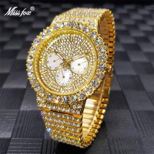 Men Quartz Wristwatch MISSFOX 18K Gold Luxury Gold Diamond Watch Chronograph Calendar Waterproof Couple Watches Wholesale reloj