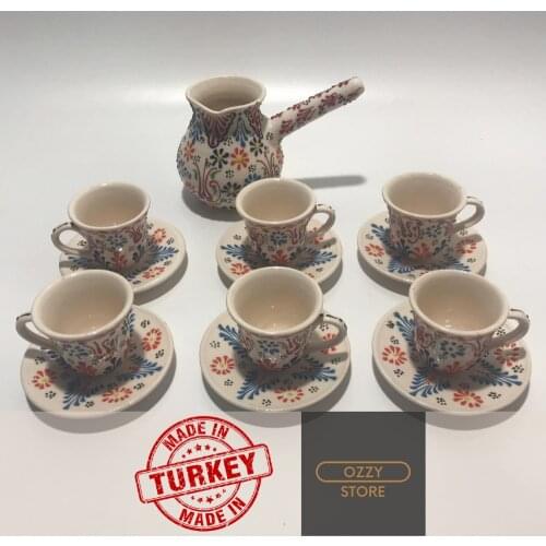 İlbay Tile Set 13 Piece Turkish Coffee Espresso Cup for 6 People White with Lace Pattern