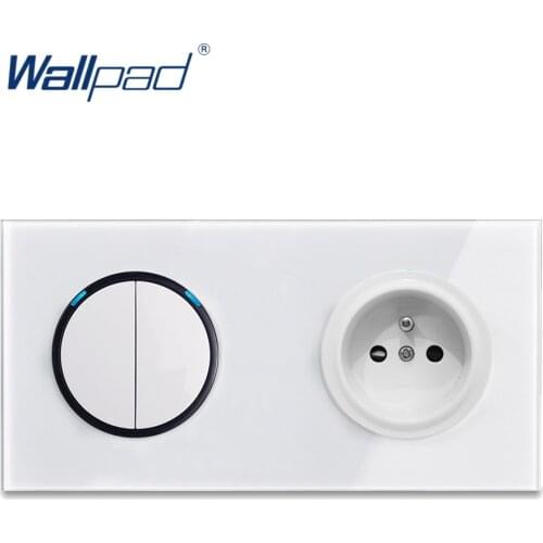 Wallpad L6 White Glass Panel LED 2 Gang 2 Way Wall Switch with French Electrical Socket Random Click Push Button Double Frame