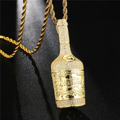 Iced Out Bling Champagne Bottle Pendant Gold Color Cubic Zircon Red Wine Bottle Necklace For Men Hip Hop Party Jewelry