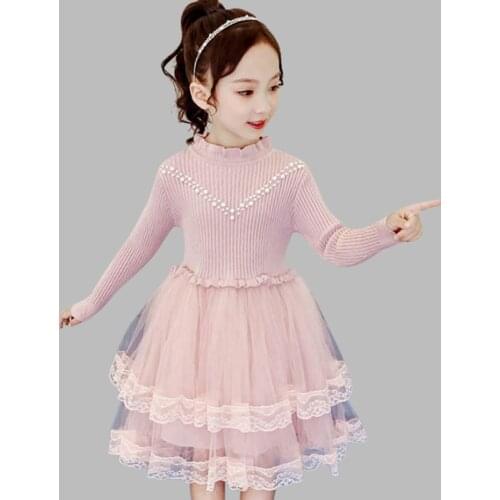 Dress For Girls Patchwork Lace Girl Dress Knitted Sweater Dress Kids Fall Fashion Beaded Dress Winter Warm Childrens Clothing
