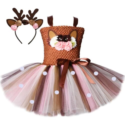 Flower Deer Tutu Dress Tulle Baby Girls Christmas Birthday Party Dress Kids Halloween Reindeer Elk Cosplay Costume with Headband