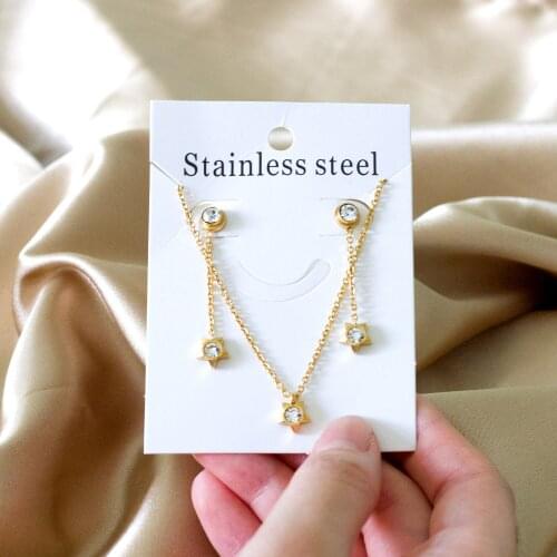 Star Pendant with Cubic Zirconia Necklace and Drop Earrings Set 316L Stainless Steel Jewelry SEt for Women Girl Fashion Gift