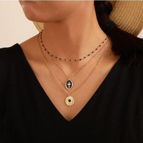 Rongho Vintage Metal Cross Circle Pendant Necklace for Women Multi Bead Chains Choker Necklace Boho Jewelry Coin Necklace 2019