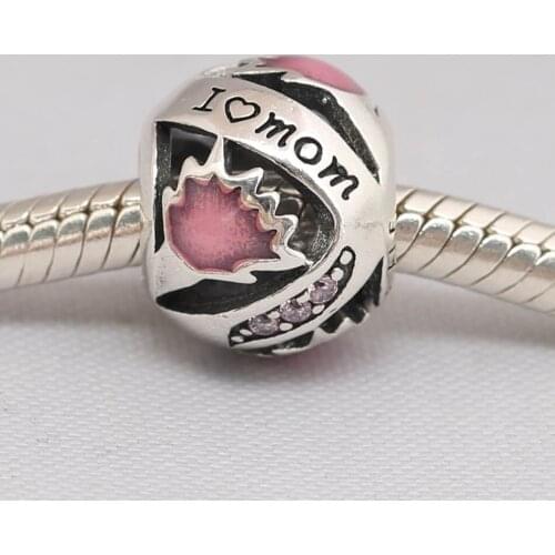 Authentic S925 DIY Jewelry I Love Mom Charm fit Lady Bracelet Bangle Girl Gift Bead Pink Enamel & CZ