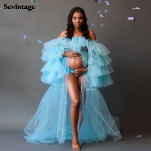 Sevintage Empire Pregnant Evening Dress Split Front Tiered Tulle Maternity Woman Gowns Off the Shoulder Princess Prom Dresses