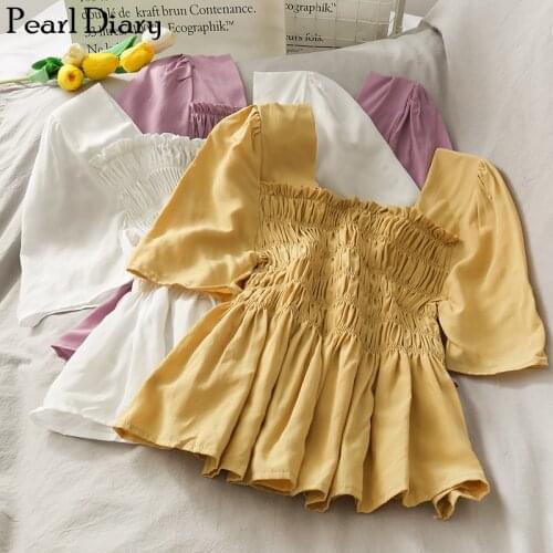 Pearl Diary Women Sweet Blouse Smocking Ruched Top Square Neck Ruffle Neckline Korean Style Baby Blouse For Girls Sweetshirt