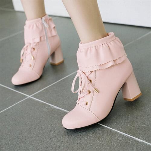 AGODOR Womens Lolita Ankle Boots Lace Up Block High Heel Winter Boots Shoes Pink Cute Booties Shoes Round Toe Short Booties