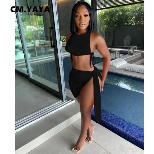 CM.YAYA Women Set Solid Sleeveless Bandage Crop Tops Asymmetrical Splited Mini Skirts Two 2 Piece Set Sexy Fashion Outfit Summer