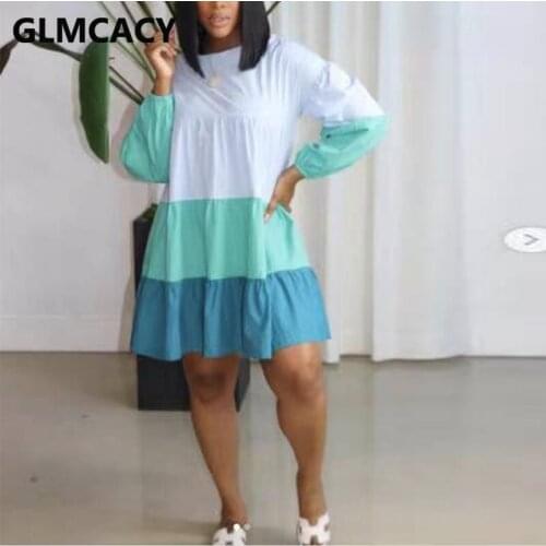 Women Long Sleeve O Neck Colorblock Sweet Mini Dress