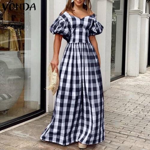 Women Sexy Backless Maxi Dress VONDA Casual High Waist Retro Checked Plaid Dresses Elegant Bohemian Vestidos Oversized Sundress